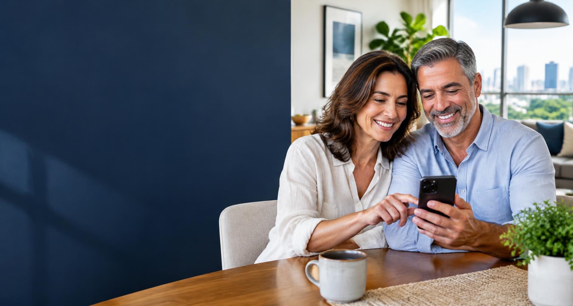 Casal comparando condições de crédito no celular